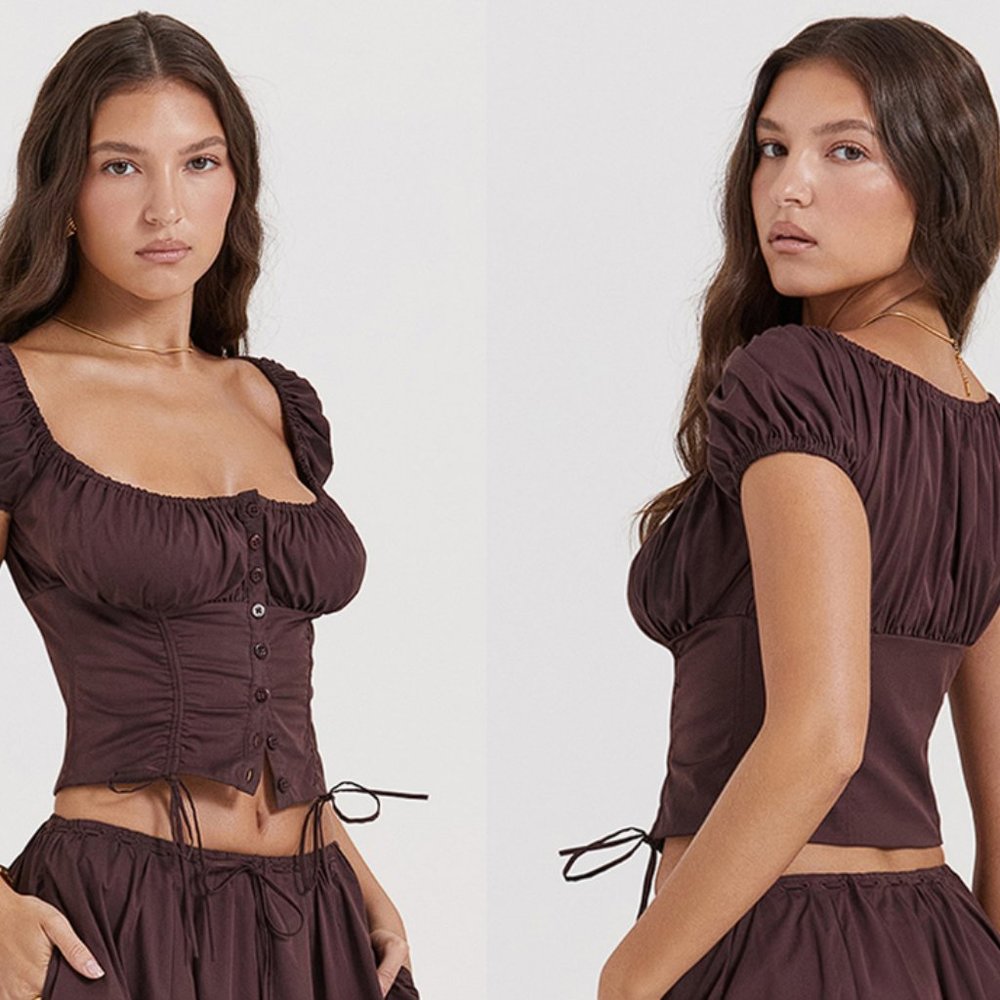HOUSE OF CB 'Kitty' & ‘Cora’ Rich Brown Gathered Midi Skirt Set NWOT - Picture 6 of 12